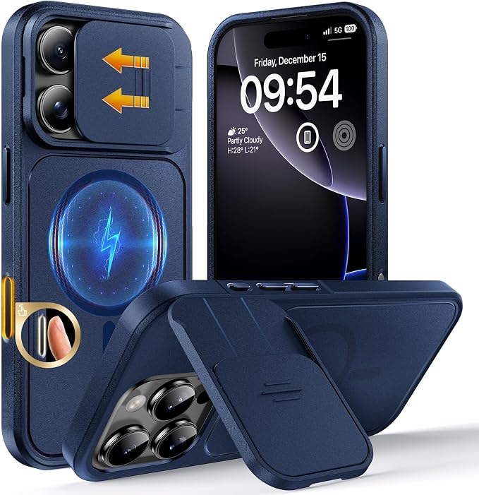 TOCOL for iPhone 16 Pro Max Case with Slide Camera Cover, Kickstand and Camera Control Button, Fit for MagSafe, Rugged Solid Phone Case, Non-Slip, Drop Protection, Blue by TOCOL