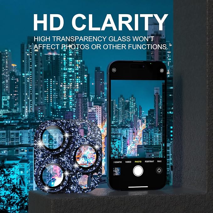 Choiche for iPhone 15 Pro/iPhone 15 Pro Max Camera Lens Protector | Bling Camera Cover with 9H Tempered Glass Lens Screen Protector Metal Ring Decoration Accessories (Glitter-Titanium Blue) - Image 6