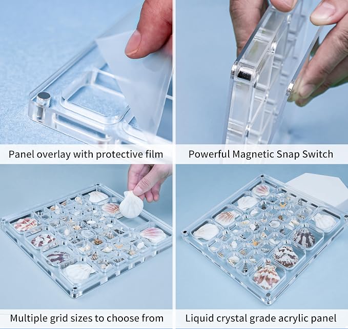 Acrylic Magnetic Seashell Display Case HD Panel with Tweezers | Large Upgraded Grids with Magnetic Snap, a Seashell Display Box for Collecting Shells, Jewelry, Crystals, Beads - Image 3