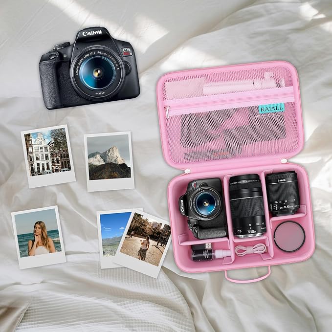 RAIALL Case for Canon EOS Rebel T7/R50/R100/Sony/Nikon D7500 Camera, Pink | for R50V/R8/R10/RP/R7/R6 Mark II/R5 DSLR SLR, Lens, Tripod, Hard Protective Travel Bag with a Shoulder Strap and 5 Dividers - Image 9