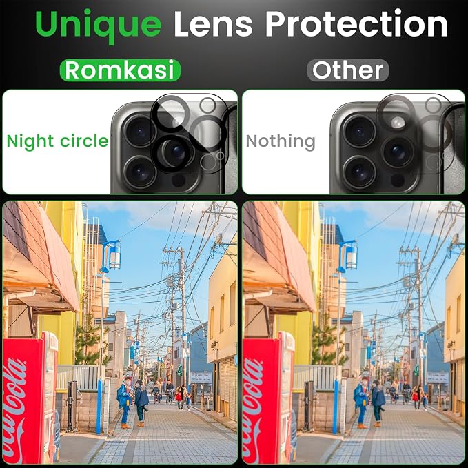 Romkasi 4 Pack Privacy Screen Protector for iPhone 15 Pro Max 6.7 Inch with 4 Pack Camera Lens Protector, Anti Spy Tempered Glass Film, Anti-Scratch, Touch Sensitive, Case Friendly - Image 5
