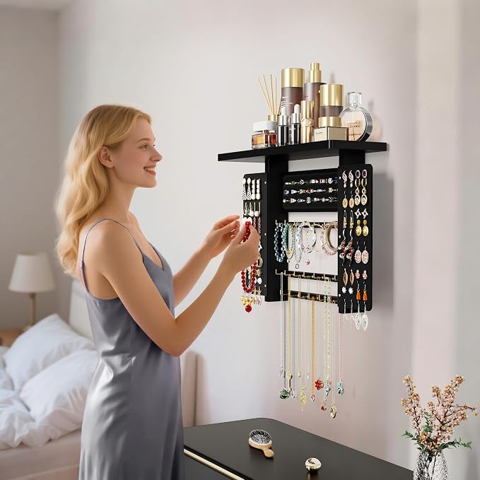 Emfogo Jewelry Organizer Hanging Wall Mounted Jewelry Holder, 5-in-1 Large Capacity Necklace Organizer Wall Display for Ring, Necklaces, Bracelets, Earrings(Black) - Image 6