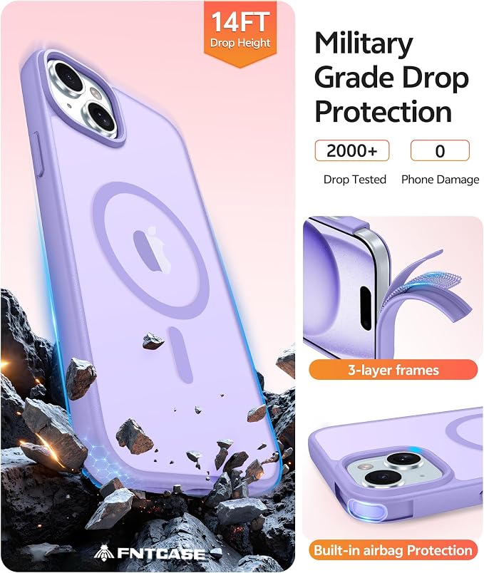 FNTCASE for iPhone 15/14/13 Case, Fit for Magsafe, Glass Screen Protector | Translucent Matte, Magnetic Phone Cases, 14FT Military Grade Drop Protection, Slim Shockproof Protective Cover, Light Purple - Image 5