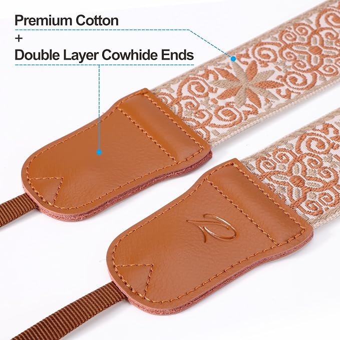 Padwa Lifestyle Khaki Yellow flower Camera Strap - 2" Cowhide Head,Jacquard Embroidery Woven Cotton,Adjustable Shoulder Neck Camera Straps for Photographers - Image 2