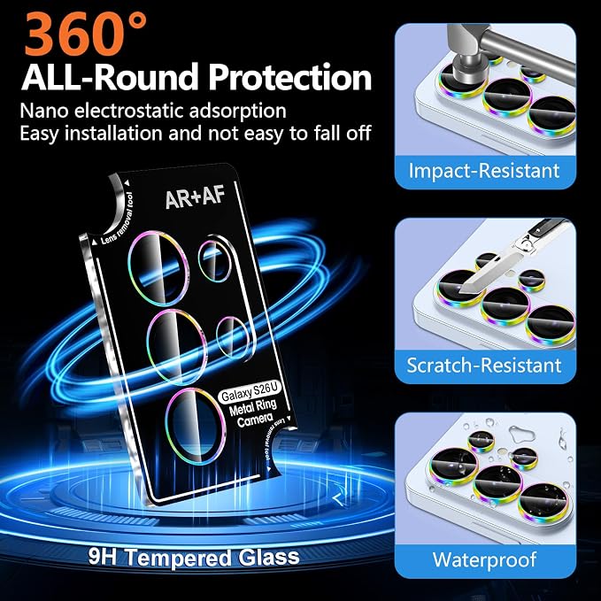 for Samsung Galaxy S26 Ultra Camera Lens Protector, Individual Metal Ring Tempered Glass Lens Cover, [Strong Adsorption] Scratch Resistant Ultra-Thin HD Clear Lens Cover, 1 Set-Colorful Ring - Image 2