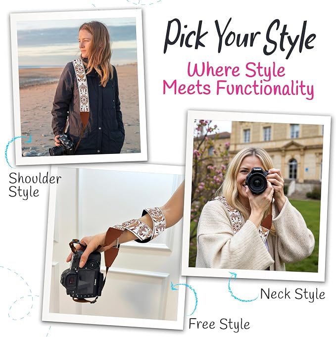 Camera Strap - Shoulder, Crossbody & Neck Camera Strap for Photographers, Fits All Cameras, Canon Nikon Sony Fujifilm, Padded Strap W/ Quick Release, Embroidered Cotton & Leather Ends, White - Image 6