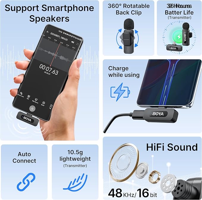 BOYA BY-V10 Wireless Microphones for iPhone 17/16/15 & Android/Laptop | Noise Cancellation, 328ft Range, 9H Battery Life, Mini Mic Clip on Lapel Microphone Wireless for Video Recroding - Image 4