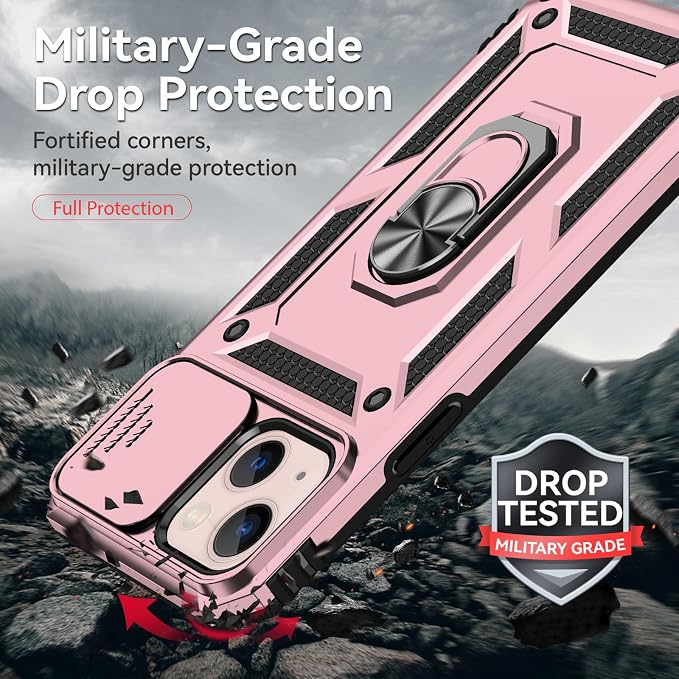 HNHYGETE for iPhone 13 Case with HD Screen Protector: [Military Grade 20ft. Drop Tested] Slide Camera Cover Ring Shockproof Protective Phone Case for - iPhone 13 (Rose Gold) - Image 3