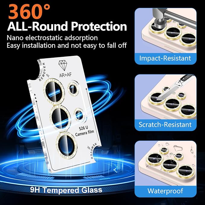 for Samsung Galaxy S26 Ultra Camera Lens Protector, Individual Metal Ring Tempered Glass Lens Cover, [Strong Adsorption] Scratch Resistant Ultra-Thin HD Clear Lens Cover, 1 Set-Gold Diamond - Image 2