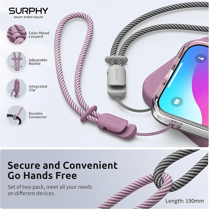 SURPHY 2 Pack Phone Lanyard, Phone Wrist Strap for Case, Camera Wrist Strap | Ultra-Light 2-Color Braided Phone Strap, Cellphone Charm Strap, Anti-Lost Wrist Lanyard for Women and Men, Lilac Purple Gray - Image 4