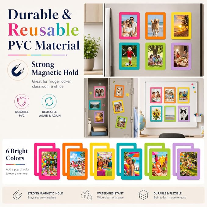 12 Pack 4x6'' Hot Summer Bright Magnetic Picture Frames | Vibrant Colorful Magnet Photo Borders for Refrigerator Locker Classroom Kids Room Decor - Open Face Playful Home Accessories - Image 3