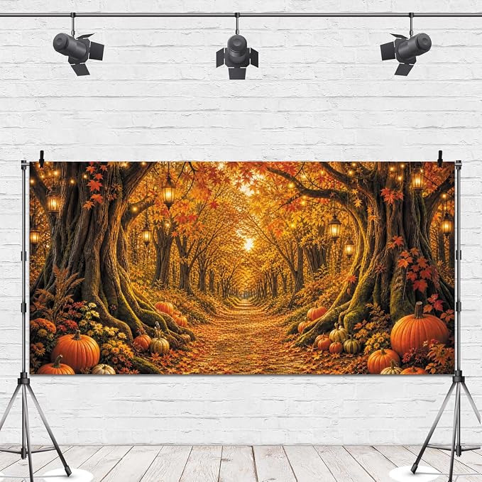 Fall Forest Photo Backdrop 20x10ft Autumn Garden Backdrop for Photography Fall Pumpkin Maple Wonderland Floral Background for Photoshoot Thanksgiving Birthday Photo Booth Props Vinyl by Leowefowa
