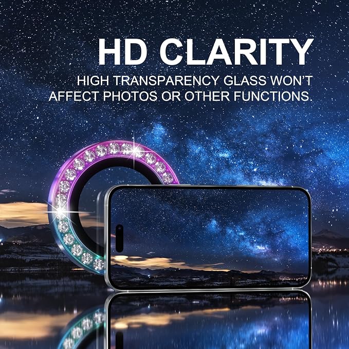 Choiche for iPhone 16 Pro/iPhone 16 Pro Max Camera Lens Protector | Ultra HD, Bling 9H Tempered Glass Camera Cover Screen Protector Metal Ring Decoration Accessories (Diamond-Colorful) - Image 5