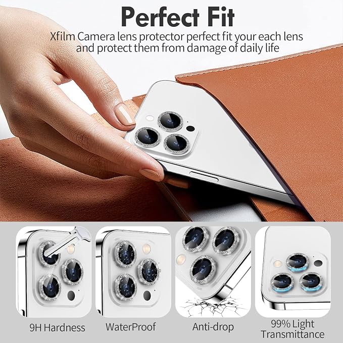 for iPhone 14 Pro/14 Pro Max Camera Lens Protector Glitter, Silver | Individual Metal, 9H Hardness, Scratch Resistant, Shockproof, Drop Protection, Case Friendly, Stylish Accessories - Image 3