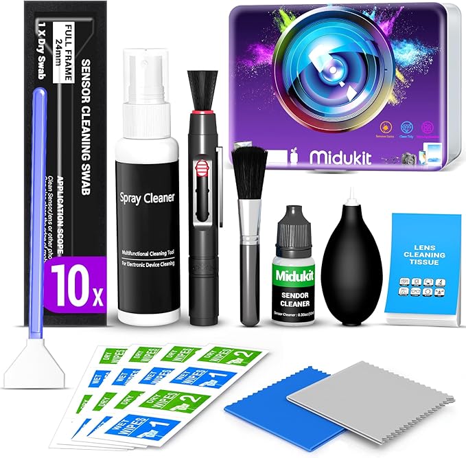 Updated Camera Lens Cleaning Kit, Camera Sensor Cleaning Kit Full Frame 10x | Sensor Cleaning Kit with 10x Sensor Cleaning Swabs, Sensor Cleaner, Other Essentials, DSLR Cleaner Kit for Canon Nikon Sony by midukit