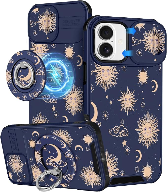 Buleens for iPhone 17 Case 6.3 Inch - with Ring Stand & Camera Cover Aesthetic Cute Designed for Women Girls Girly Kawaii Sun Moon Stars Unique Phone Case for iPhone 17 Compatible with Magsafe by Buleens