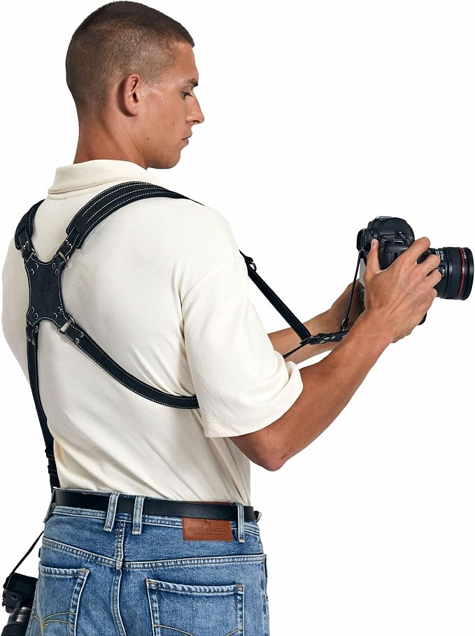 Padwa Lifestyle Black Frosted Dual Camera Harness Strap for Two-Cameras - Dual Shoulder Full Grain Leather Harness,Multi Double Camera Gear for DSLR/SLR Strap,Double Camera Harness for Photographers - Image 4