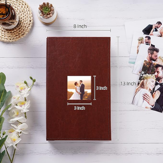 potricher Small Photo Album 4x6 300 Photos, Leather Cover, Brown | Leather 4x6 Picture Album with 300 Horizontal Pockets, Photo Book for Family, Wedding, Anniversary, and Baby - Image 2