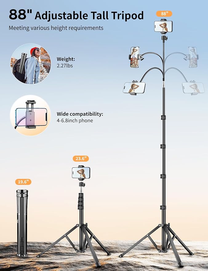 Flexible Tripod for iPhone, 88" Tall Cellphone Tripod with Gooseneck | Overhead Tripod with Phone Holder and Wireless Remote, Camera Phone Stand for Recording, Compatible with iPhone/Android - Image 2