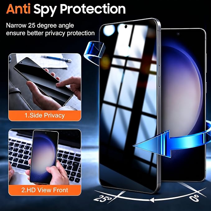 2+2 Pack Privacy Screen Protector for Samsung Galaxy S23 | Camera Lens Protector, Auto-Alignment Tool, Ultrasonic Fingerprint Unlocking, 9H Tempered Glass, Anti-Spy, Case Friendly - Image 3