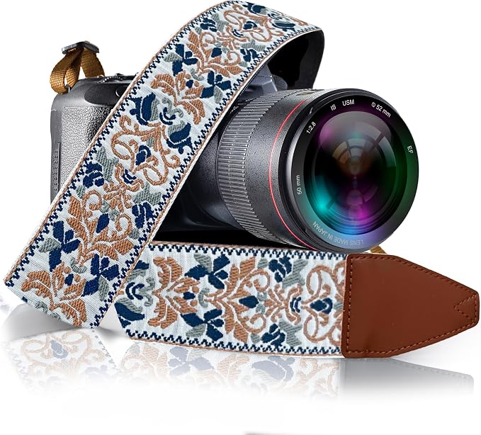 Art Tribute Camera Strap - Shoulder, Crossbody & Neck Camera Strap for Photographers, Fits All Cameras, Canon Nikon Sony Fujifilm, Padded Strap W/Quick Release, Embroidered Cotton & Leather Ends by ArtTribute