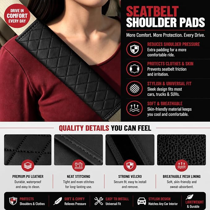Black PU Leather Seat Belt Covers - 2Pcs, Diamond Stitched Seat Belt Pads, Universal Fit for Car Truck SUV - Image 3