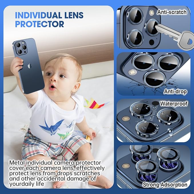 for iPhone 15 Pro/15 Pro Max Camera Lens Protector Cover, Blue | Individual Metal, 9H Hardness, Scratch Resistant, Shockproof, Drop Protection, Case Friendly, Stylish Accessories - Image 3