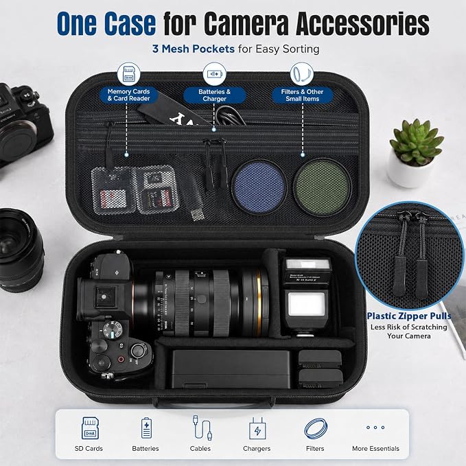 Camera Case for Canon EOS Rebel T7/R50/R100/for Sony a7iv/Mirrorless | EVA hard shell, Oxford fabric, 4 adjustable dividers and 3 mesh pockets for camera travel and home storage-Black (Case Only) - Image 7