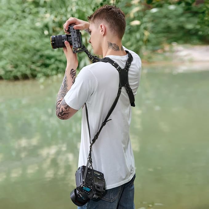 Padwa Lifestyle Black Frosted Dual Camera Harness Strap with Padded for Two Cameras -Full Grain Leather Dual Camera Harness,Multi Camera Gear for DSLR/SLR Strap,Double Camera Harness for Photographers - Image 8