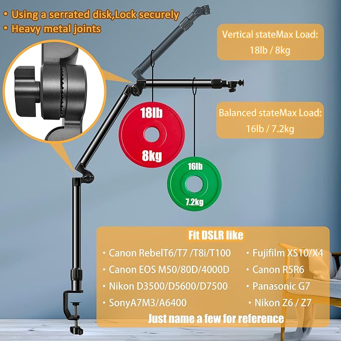 Overhead Camera Mount Desk Stand, Bearing 18lb, Base& Top 360° Adjustable, with 1/4“ 3/8" 5/8" Screw, 3-Section Flexible Articulating Metal Arm for DSLR Camera/Webcam | with 1/4“ 3/8" 5/8" Screw, 3-Section Flexible Articulating Metal Arm for DSLR Camer... - Image 3