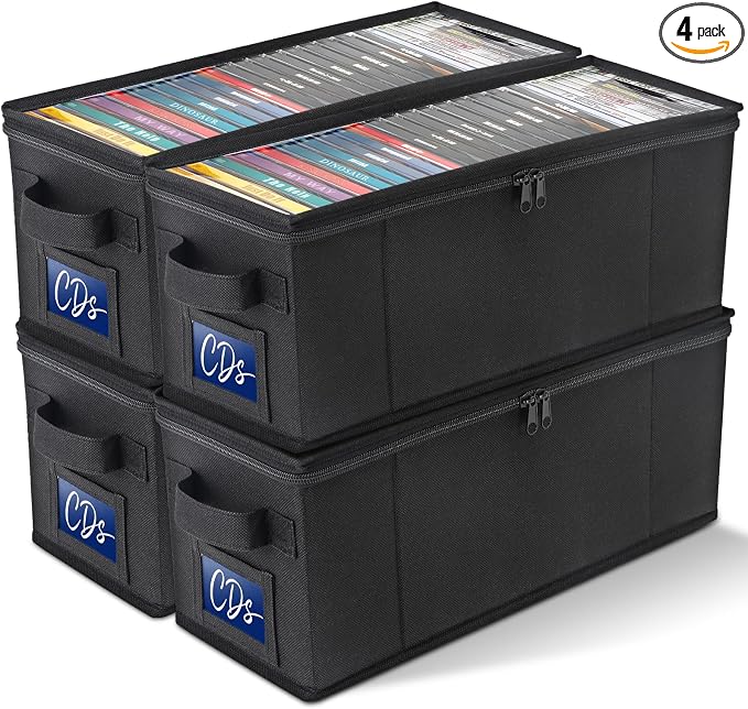 CCidea CD Storage Box with Clear Window - 4 Pack Media Organizer, Innovative Folding Design for CD Discs, CD Holder with Reinforced Handle & Label Slot, Holds 29 CDs Each, Fits Car & Home Use (4) by CCidea