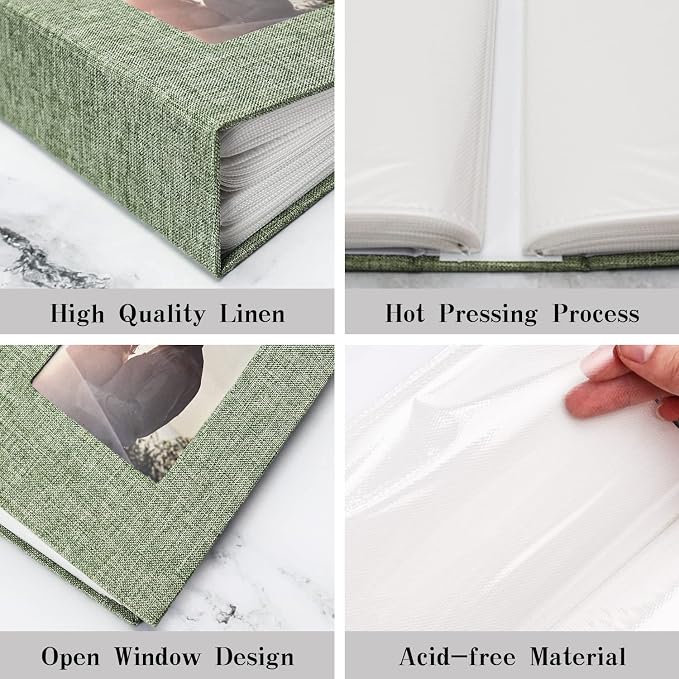 Vienrose 4x6 Photo Album,100 Pockets,Linen Cover with Window,Grass Green | Cover Window, Acid Free Pages, Linen Hardcover, Baby Wedding Family Photos - Image 5