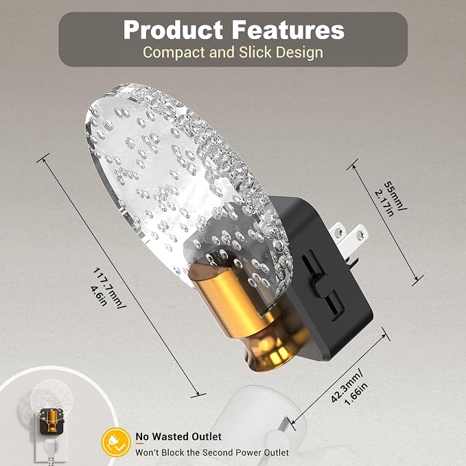 JandCase Night Light, Dimmable Night Lights Plug into Wall | Bubble Nightlight with Auto On/Off Light Sensor, 0-100LM LED Round Nightlights, 180°Rotatable Acrylic Nite Light for Hallway - Image 6