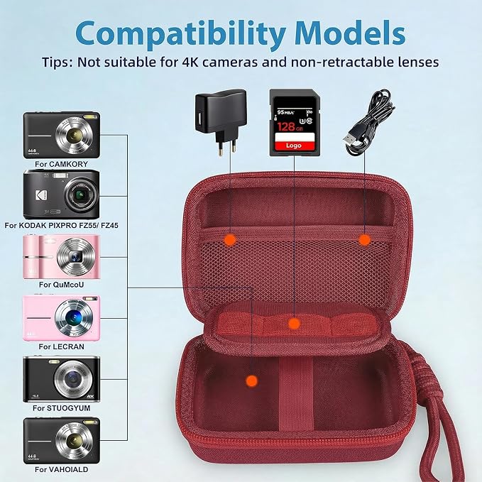 Digital Camera Case for CAMKORY/KODAK PIXPRO FZ45/FZ55/Canon IXUS 285 HS/AbergBest/Sony DSCW800/DSCW830 - Small Travel Compact Camera Holder with Mesh Pocket for SD Card & Accessories (Wine Red) - Image 3
