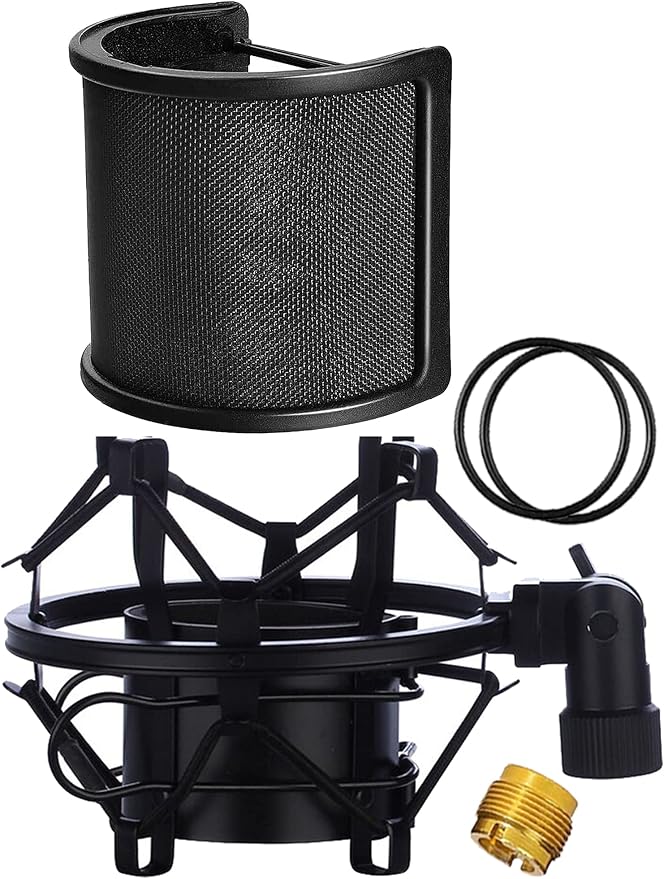 Microphone Shock Mount with Pop Filter, Mic Anti-Vibration Suspension Shock Mount Holder Clip for Diameter 46mm-51mm Microphone by BTOOP