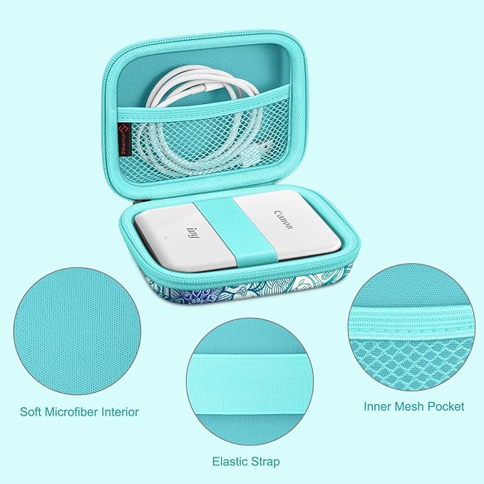 FINTIE Protective Case for Canon Ivy 2 Mini, CLIQ2 & CLIQ+2 Photo Printer | Shockproof Hard Shell Carrying Case, With Wrist Strap, Pocket Camera Storage, Charger Cable Organizer, Emerald Illusions - Image 4