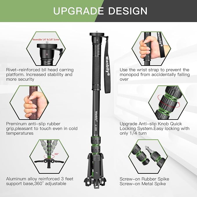 Camera Monopod with Feet, Aluminum Portable Travel Monopod with Removable Tripod Stand Base for DSLR Canon Nikon Sony Video Camcorder (Green) - Image 3