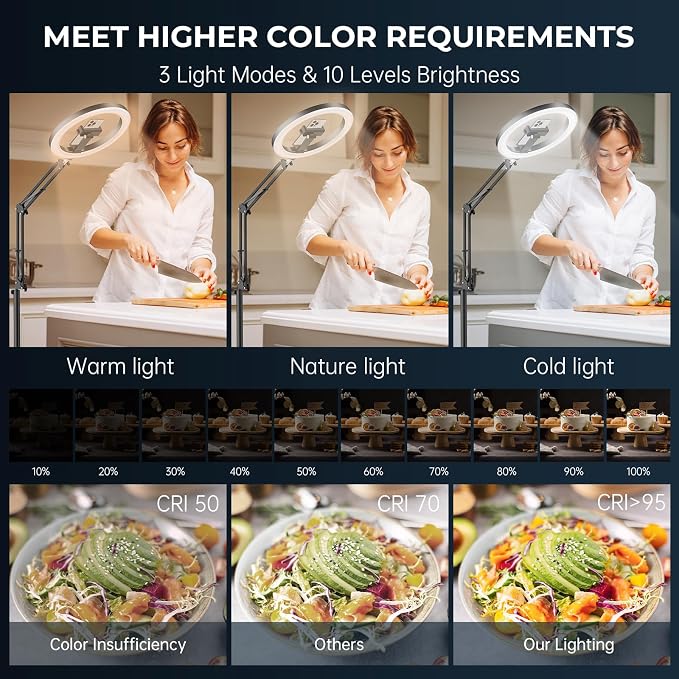 10" Ring Light with Stand Tripod for iPhone, Overhead Phone Camera Mount, Adjustable 70" Height Tripod Holder Floor, Phone Stand for Video Recording Filming Streaming Cooking TikTok YouTube, CRI >95 - Image 4