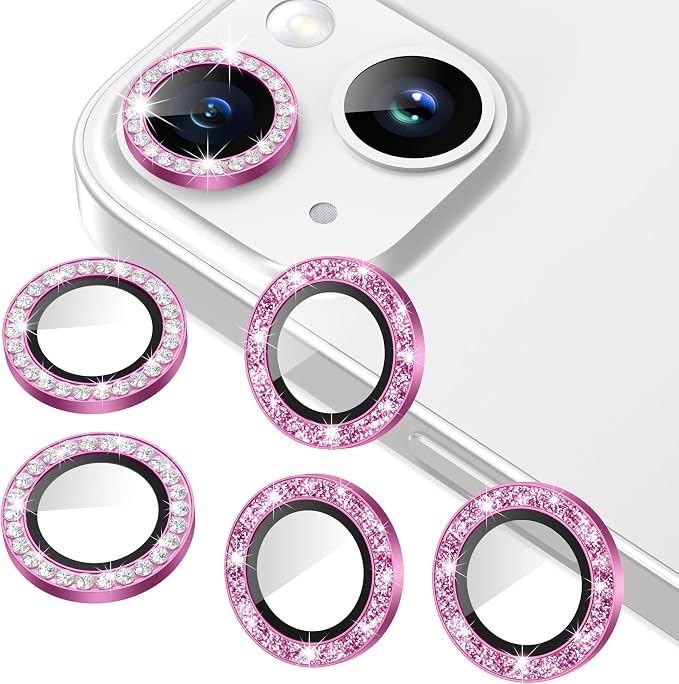 AGVEE 3+3 6 Pack for iPhone 15/15 Plus Camera Lens Protector Cover | Individual Bling Diamond & Bling Glitter Sparkle Cute Gem Metal Ring, 9H Tempered HD Glass by AGVEE