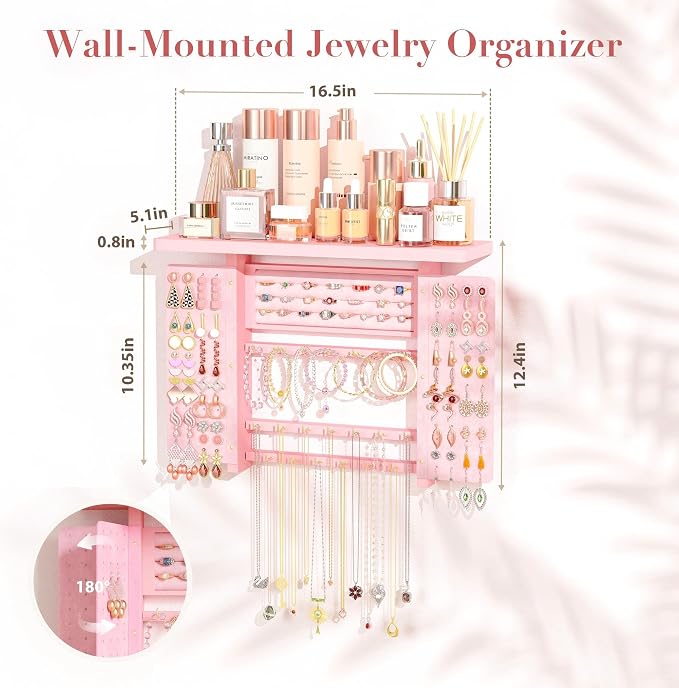Emfogo Jewelry Organizer Hanging Wall Mounted Jewelry Holder, 5-in-1 Large Capacity Wood Necklace Organizer Wall Display for Ring, Necklaces, Bracelets, Earrings (Pink) - Image 6