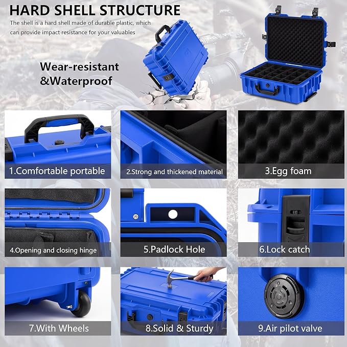 Relaxweex Rolling Camera Hard Case with 24 Padded Dividers & Wheels | Impact-resistant, Protective, Waterproof, Hard Shell Travel Case for Cameras, Lenses & Accessories, 26 x 20 x 10 Inch, Blue - Image 3