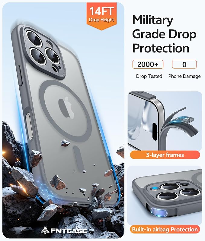 FNTCASE for iPhone 16 Pro Case, Fit for Magsafe, with Screen Protector Gray | Full Camera Protection, Translucent Matte, 14FT Military Grade Drop Proof, Shockproof Protective Phone Cover, Gray - Image 5