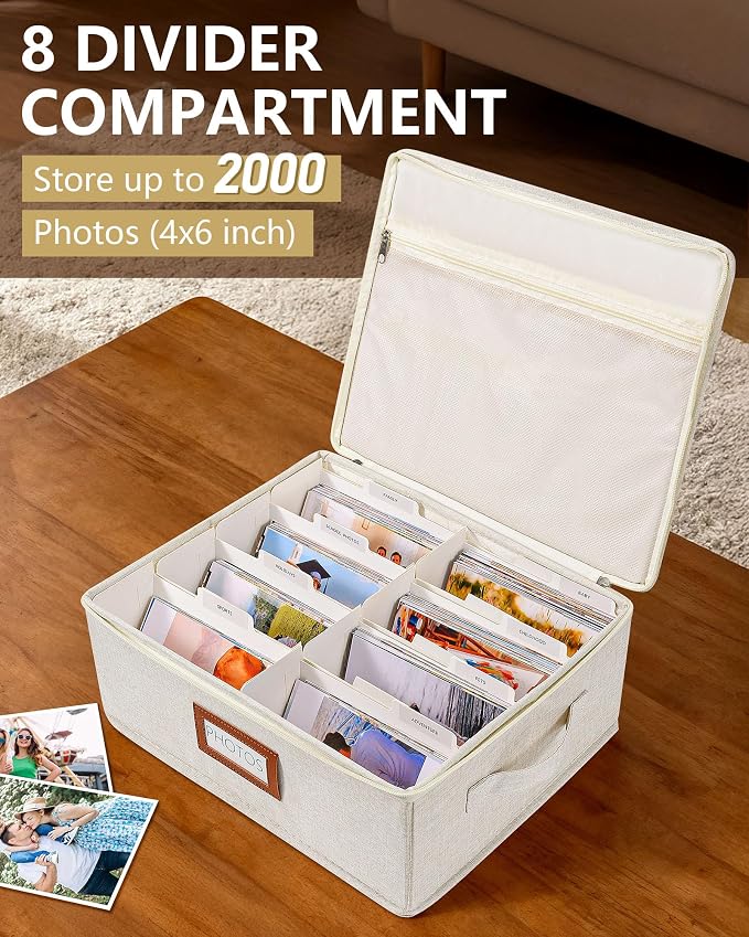 HULISEN Photo Storage Box, Photo Organizer for 2000 4x6 Pictures, Beige | Linen Keepsake Box with Zipper Lid & 8 Dividers, Label Cards Included, Mesh Pocket for Larger Prints, Family Memory Storage - Image 2