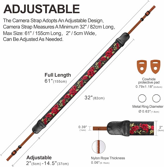 Padwa Lifestyle Rose Flower Camera Strap - 2" Wide Double Layer Cowhide Head,Pure Cotton Embroidery Camera Shoulder Straps,Adjustable Camera Neck Strap for All DSLR Cameras, Gifts for Photographers - Image 5