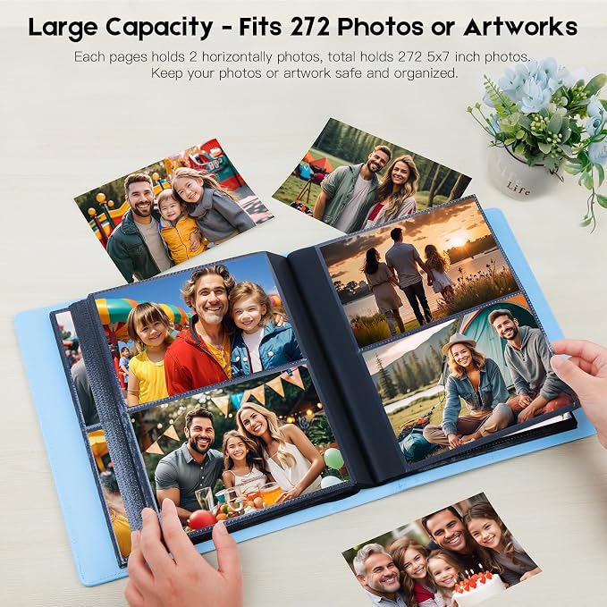Aevdor 5x7 Photo Album, Holds 272 Photos, Leather Cover, Blue | Clear 5x7 Photo Pockets, Front Display Window, Family, Wedding, Birthday, Anniversary & Travel Memories - Image 2