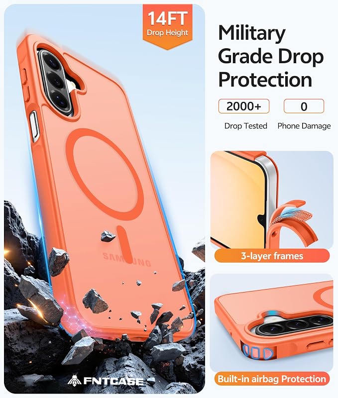 FNTCASE for Galaxy A17/A16 5G Phone Case, Fit for Magsafe, Screen Protector | Translucent Matte, 14FT Military Grade Drop Protection, Slim Shockproof Protective, for Samsung A 17 A 16 Cover, Orange - Image 5