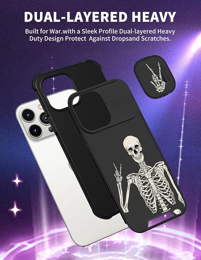 (2in1 for iPhone 15 Pro Case Skull Skeleton for Women Cute Phone Cover Boys Gothic Spooky Funny Cool Black Fashion Teen Design with Slide Camera Cover Protective for iPhone 15 Pro Cases 6.1'' - Image 5
