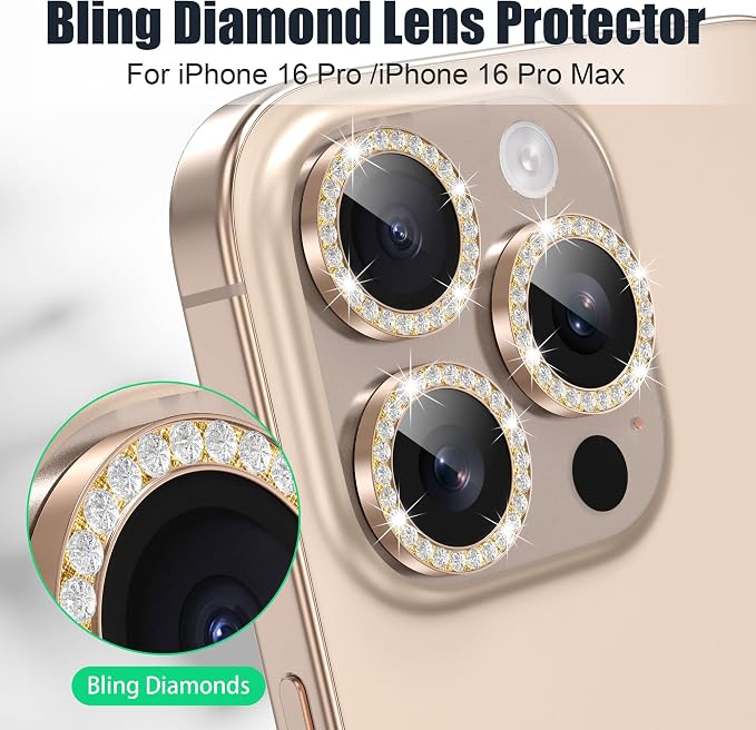 AGVEE 3+3 6 Pack for iPhone 16 Pro & Max Camera Lens Protector Cover | Individual Bling Diamond & Bling Glitter Sparkle Cute Gem Metal Ring, 9H Tempered HD Glass - Image 4