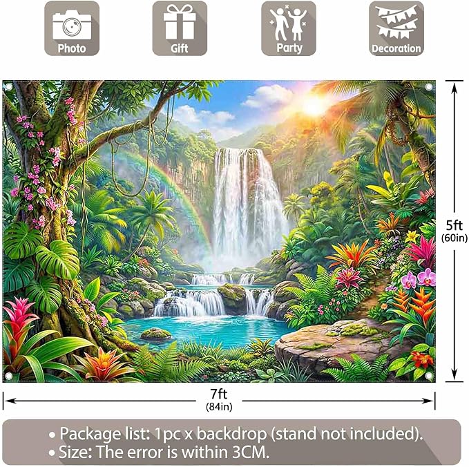 Fabric 7x5ft Rainforest Backdrop Tropical Jungle Waterfall Banner | Summer Event Natural Scenery Photography Background, Kids Adult School Party Decorations, Photo Props, Polyester, Grommets - Image 3