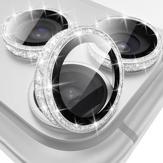 YWXTW [All-Over Glitter Camera Lens Protector for iPhone 17 Pro Max/17 Pro/16 Pro Max/16 Pro/15 Pro Max/15 Pro/14 Pro/Max, 9H Tempered Glass Camera Cover, Anti-Scratch Case Friendly (Titanium Silver) by YWXTW
